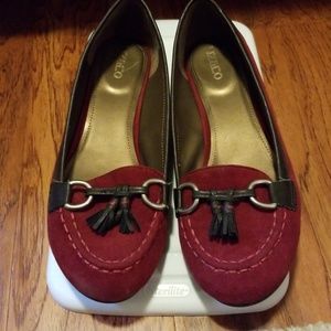 Brown and red loafers